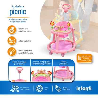 Andadera Picnic Con Tablero Interactivo Barra De Empuje y Altura Ajustable En 2 Posiciones, Infanti