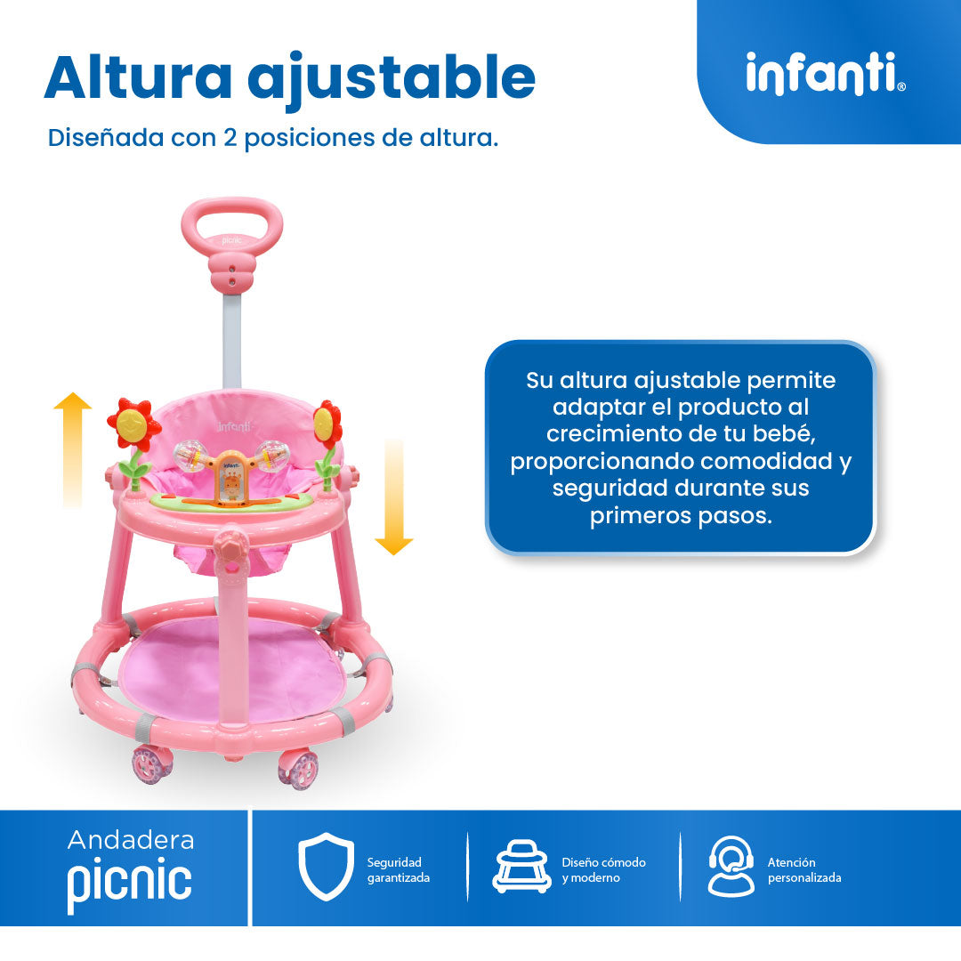 Andadera Picnic Con Tablero Interactivo Barra De Empuje y Altura Ajustable En 2 Posiciones, Infanti