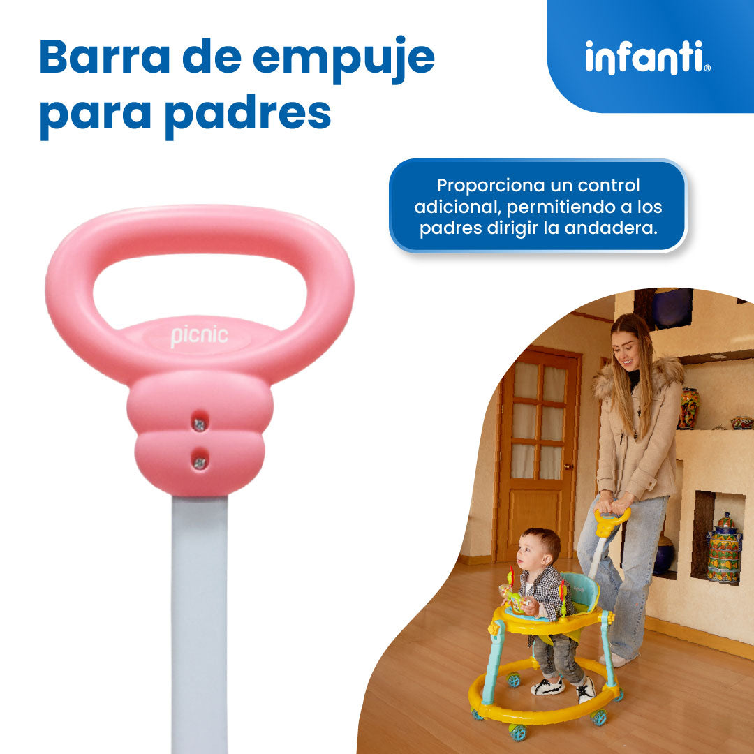 Andadera Picnic Con Tablero Interactivo Barra De Empuje y Altura Ajustable En 2 Posiciones, Infanti