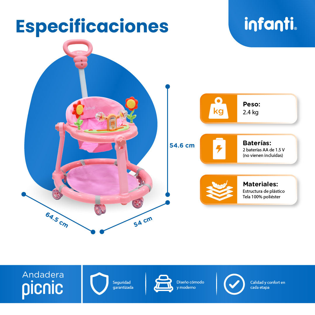 Andadera Picnic Con Tablero Interactivo Barra De Empuje y Altura Ajustable En 2 Posiciones, Infanti