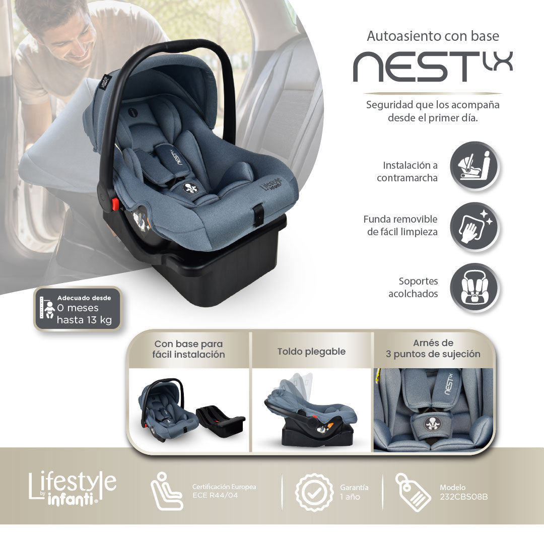 Autoasiento Portabebé Nest LX Gris Recién Nacido Hasta 13 kg, Instalación a Contramarcha, Base Incluida, Arnés de 3 Puntos, Soporte Acolchado, Toldo Plegable, Funda Lavable y Norma ECE R44/04, Infanti