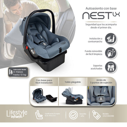 Autoasiento Portabebé Nest LX Gris Recién Nacido Hasta 13 kg, Instalación a Contramarcha, Base Incluida, Arnés de 3 Puntos, Soporte Acolchado, Toldo Plegable, Funda Lavable y Norma ECE R44/04, Infanti