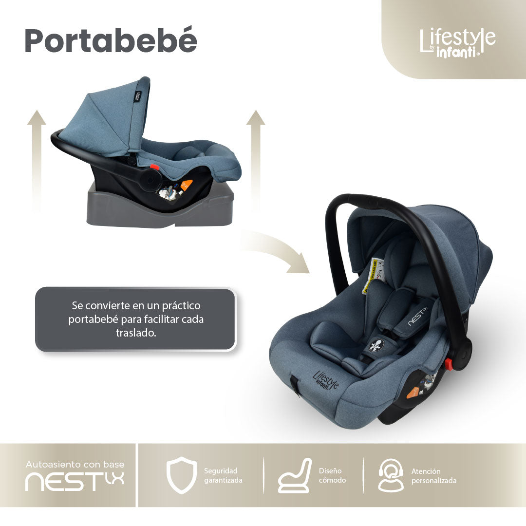 Autoasiento Portabebé Nest LX Gris Recién Nacido Hasta 13 kg, Instalación a Contramarcha, Base Incluida, Arnés de 3 Puntos, Soporte Acolchado, Toldo Plegable, Funda Lavable y Norma ECE R44/04, Infanti