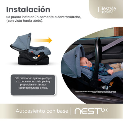 Autoasiento Portabebé Nest LX Gris Recién Nacido Hasta 13 kg, Instalación a Contramarcha, Base Incluida, Arnés de 3 Puntos, Soporte Acolchado, Toldo Plegable, Funda Lavable y Norma ECE R44/04, Infanti