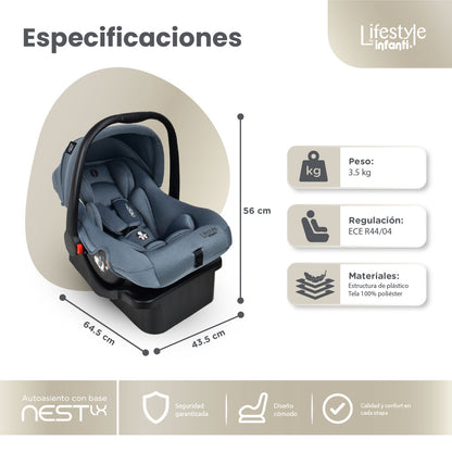 Autoasiento Portabebé Nest LX Gris Recién Nacido Hasta 13 kg, Instalación a Contramarcha, Base Incluida, Arnés de 3 Puntos, Soporte Acolchado, Toldo Plegable, Funda Lavable y Norma ECE R44/04, Infanti