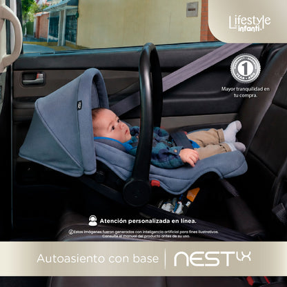 Autoasiento Portabebé Nest LX Gris Recién Nacido Hasta 13 kg, Instalación a Contramarcha, Base Incluida, Arnés de 3 Puntos, Soporte Acolchado, Toldo Plegable, Funda Lavable y Norma ECE R44/04, Infanti