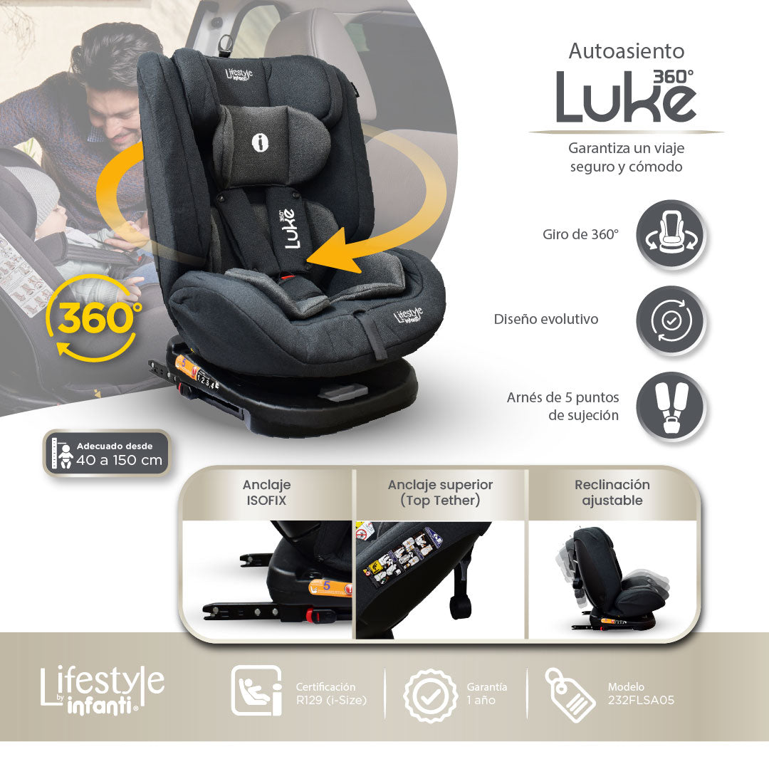 Autoasiento Luke Con Giro 360° Seguridad Isofix y 4 posiciones De Reclinación