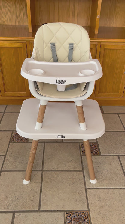 Silla Alta 6 en 1, Mila, Arena, Silla Pequeña, Banco Alto, Banquito, Mesa con Sillita y Mesa con Banco, Arnés de 5 Puntos, Charola Ajustable y Funda Lavable, Hasta 25 kg. Lifestyle By Infanti