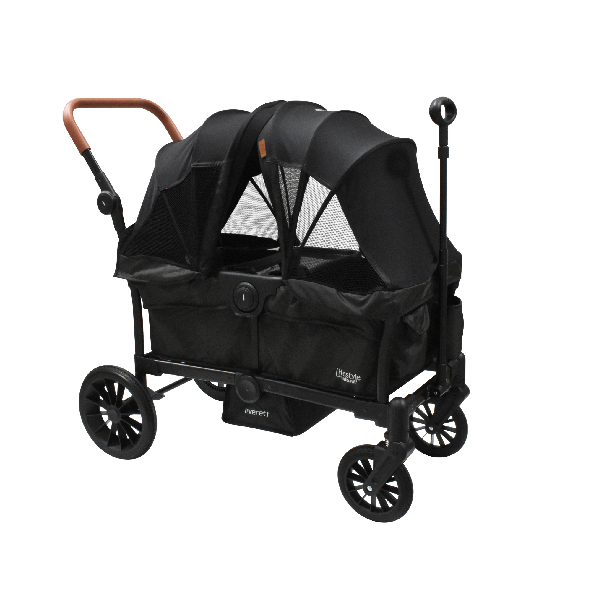 Carriola Everett Negro Doble Vagón Plegado Compacto Toldos Desmontables y Asa Para Jalar