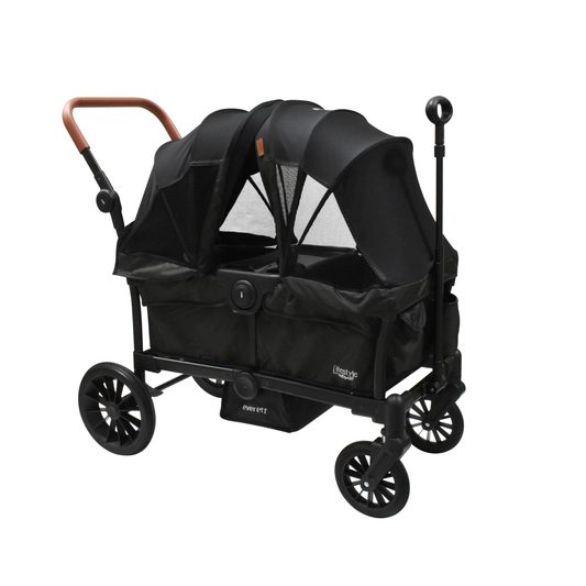 Carriola Everett Negro Doble Vagón Plegado Compacto Toldos Desmontables y Asa Para Jalar